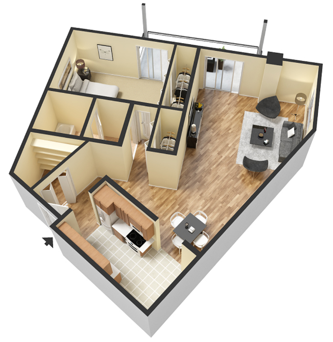Floor plan for 1 bed, 1 bath, 805 sqft